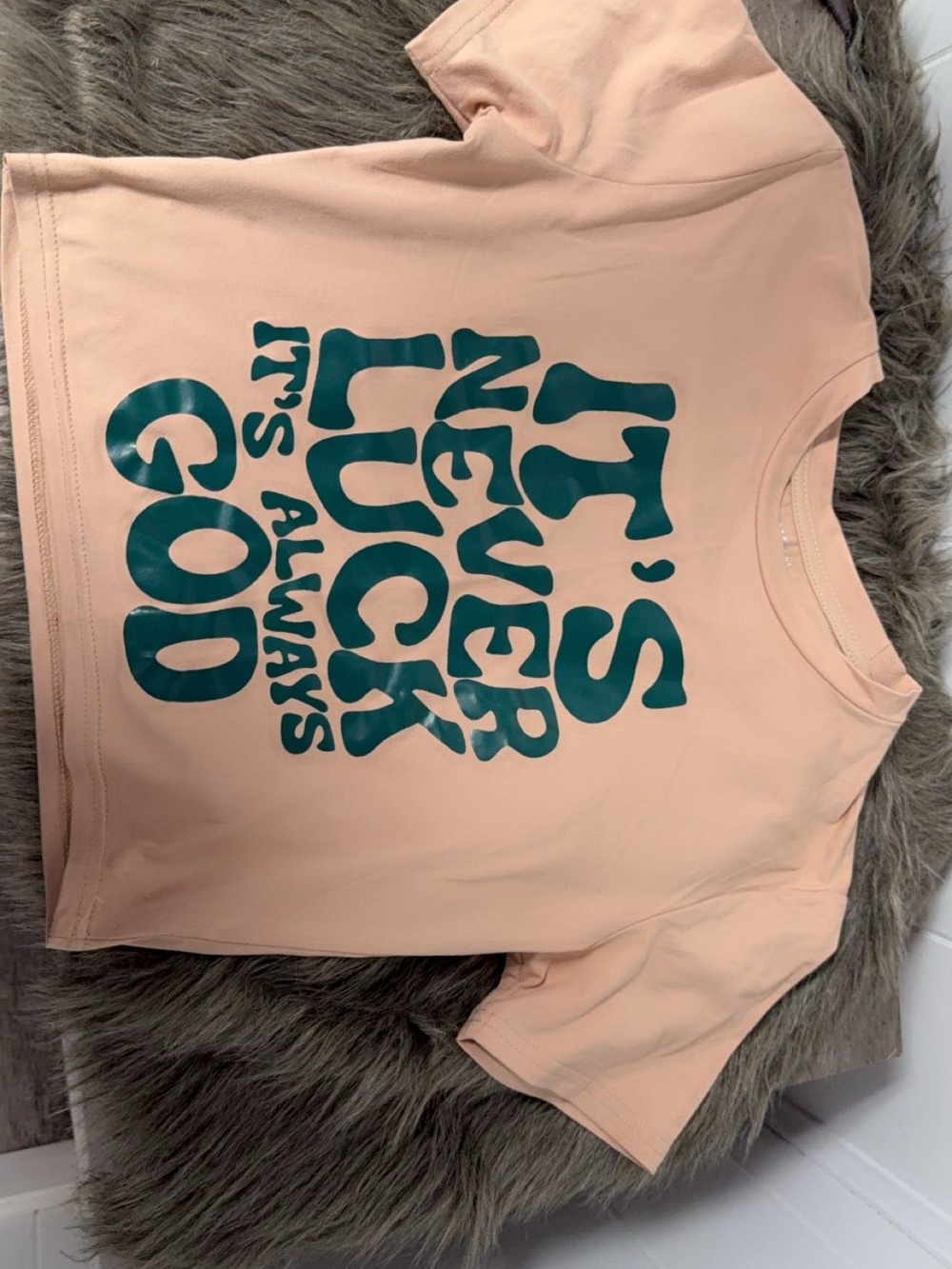 SHEIN Peach Short Sleeve Tee with Teal Faith Graphic